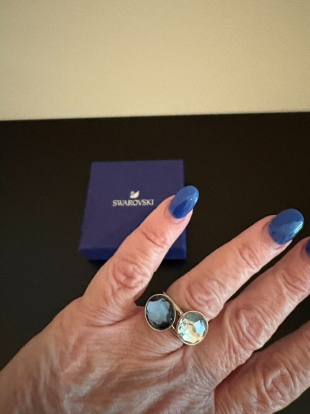 Swarovski Blue & Clear Crystal Bezel Rings Bundle-Toi et Moi Style
